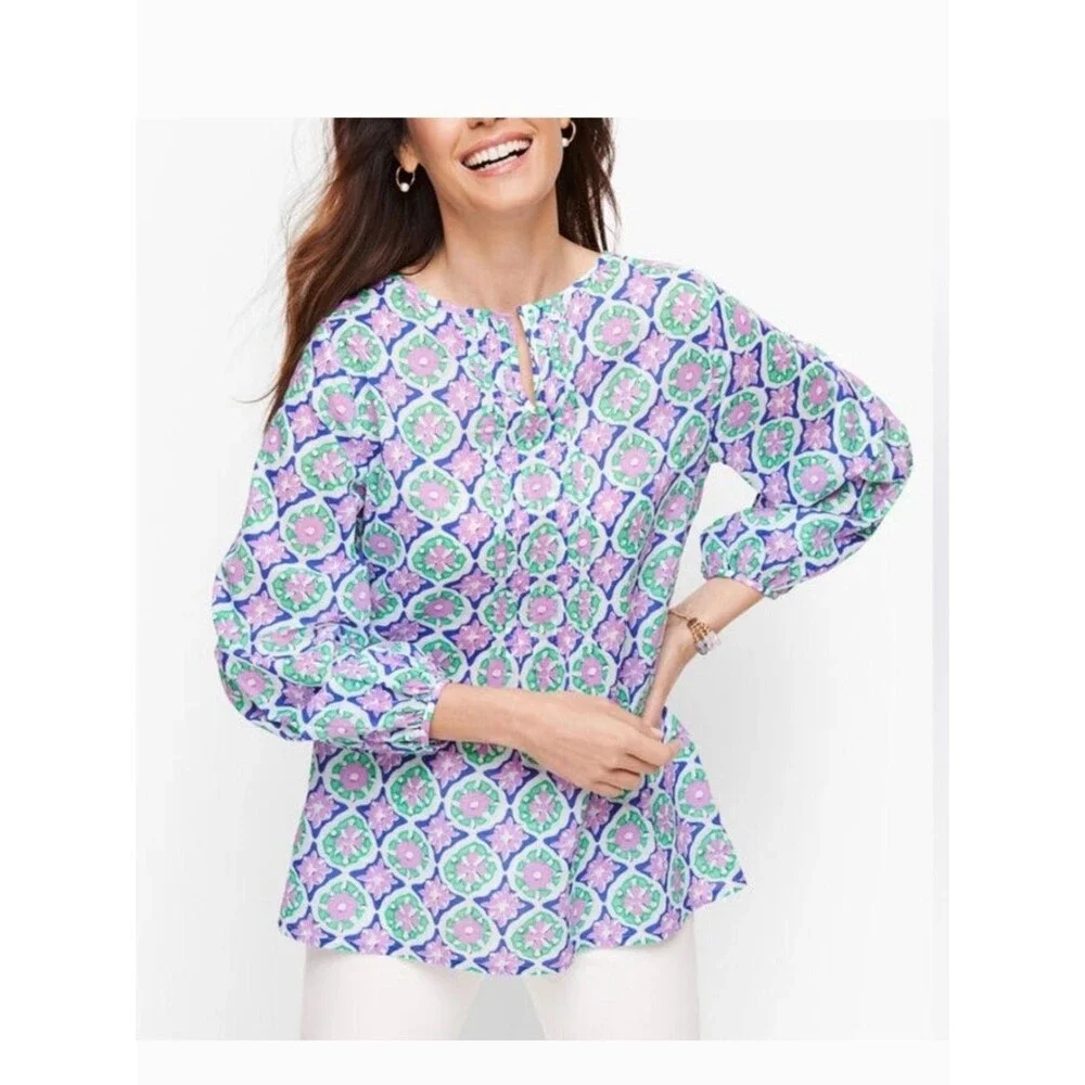 Talbots Cotton Purple/Green Floral Split Neck Pin-Tuck Top Shirt Blouse Size L